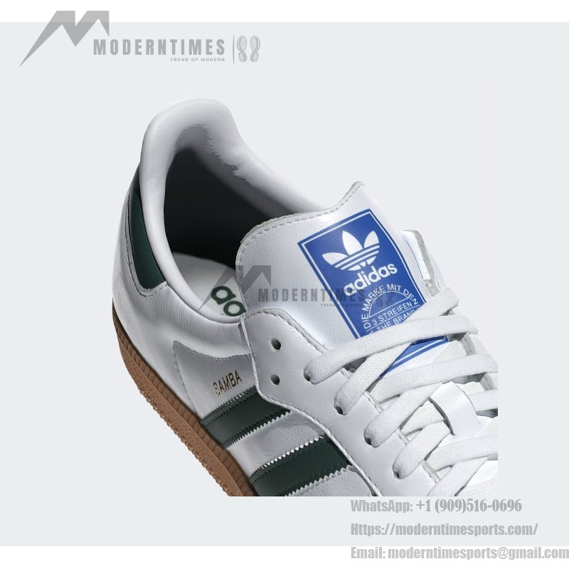 Adidas Samba OG Shoes IE3437 - グリーンストライプとレトロソールが特徴のホワイトレザースニーカー Adidas Samba OG Shoes IE3437 - グリーンストライプとガムソール付きホワイトレザー スニーカー