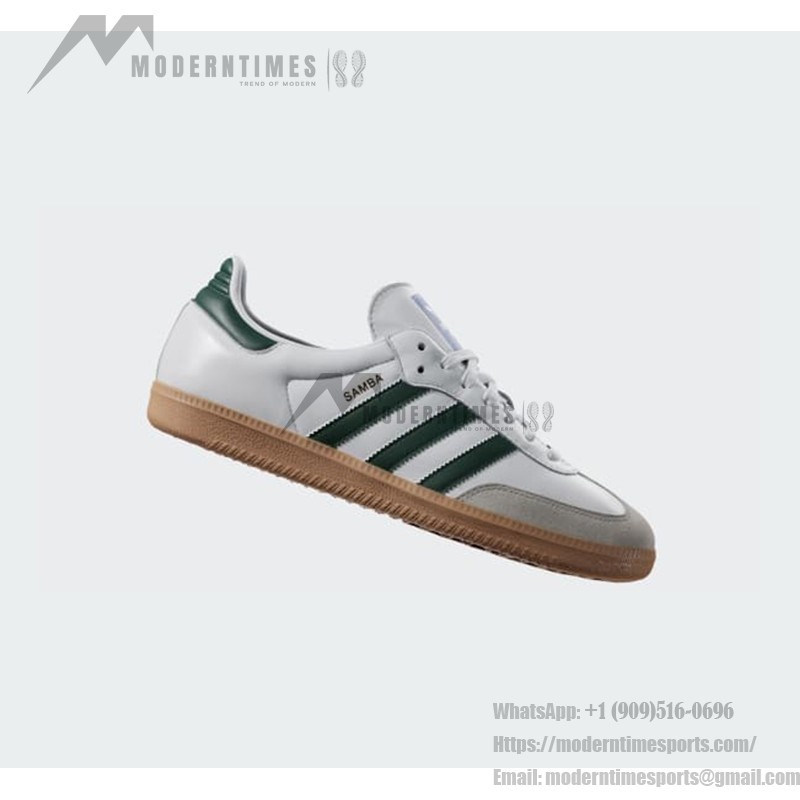 Adidas Samba OG Shoes IE3437 - グリーンストライプとレトロソールが特徴のホワイトレザースニーカー Adidas Samba OG Shoes IE3437 - グリーンストライプとガムソール付きホワイトレザー スニーカー