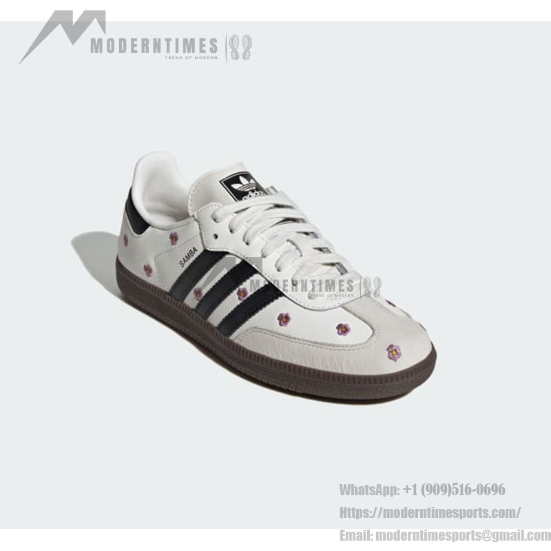 Adidas Samba OG Shoes IF4398 - Black Stripes and Floral Embroidery on White Leather Adidas Samba OG Shoes IF4398 - White Leather Sneakers with Black Stripes and Floral Embroidery