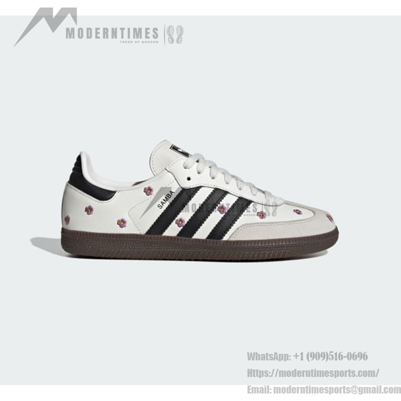 Adidas Samba OG Shoes IF4398 - Black Stripes and Floral Embroidery on White Leather Adidas Samba OG Shoes IF4398 - White Leather Sneakers with Black Stripes and Floral Embroidery