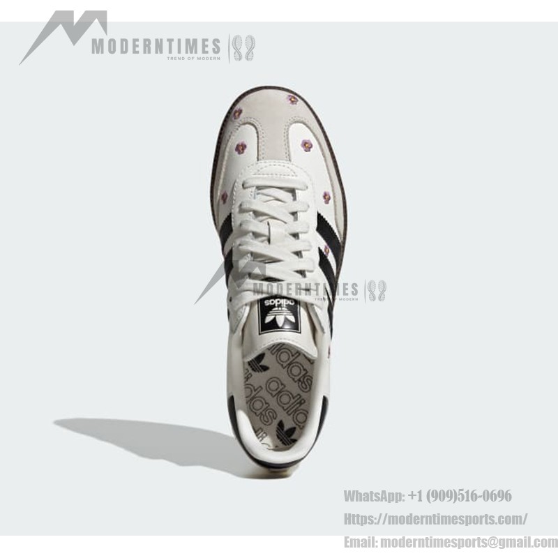 Adidas Samba OG Shoes IF4398 - Black Stripes and Floral Embroidery on White Leather Adidas Samba OG Shoes IF4398 - White Leather Sneakers with Black Stripes and Floral Embroidery