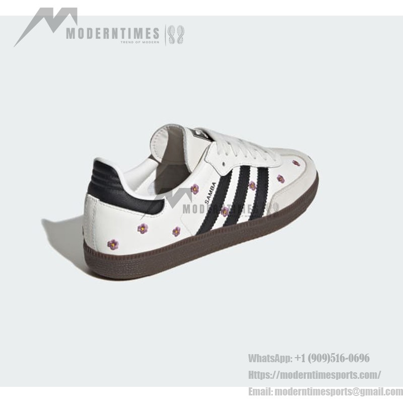 Adidas Samba OG Shoes IF4398 - Black Stripes and Floral Embroidery on White Leather Adidas Samba OG Shoes IF4398 - White Leather Sneakers with Black Stripes and Floral Embroidery