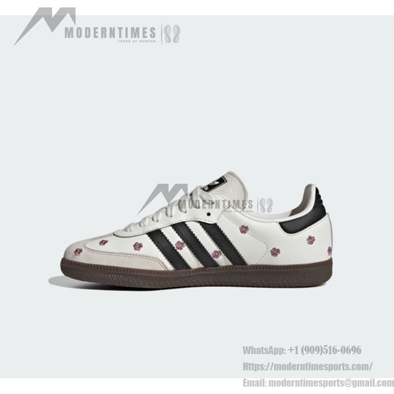 Adidas Samba OG Shoes IF4398 - Black Stripes and Floral Embroidery on White Leather Adidas Samba OG Shoes IF4398 - White Leather Sneakers with Black Stripes and Floral Embroidery