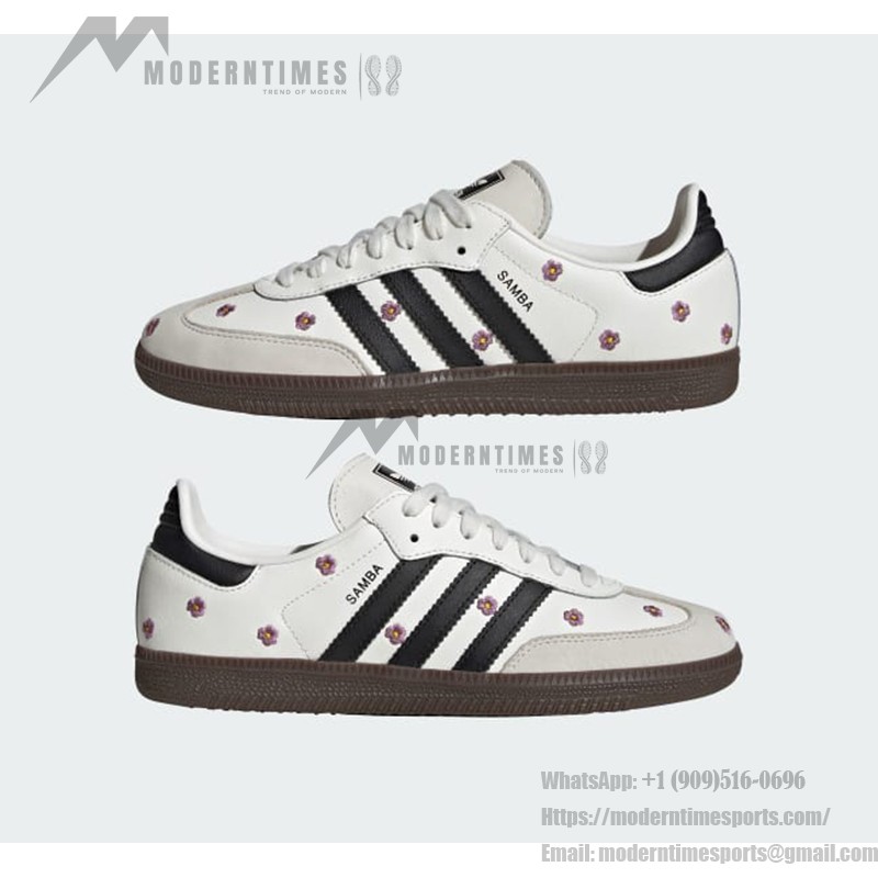 Adidas Samba OG Shoes IF4398 - Black Stripes and Floral Embroidery on White Leather Adidas Samba OG Shoes IF4398 - White Leather Sneakers with Black Stripes and Floral Embroidery