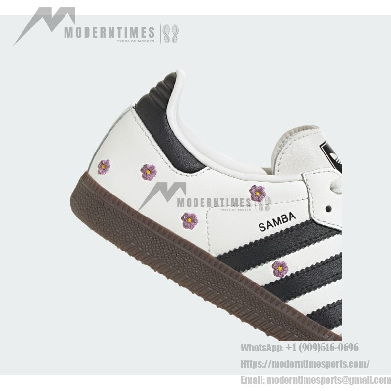 Adidas Samba OG Shoes IF4398 - Black Stripes and Floral Embroidery on White Leather Adidas Samba OG Shoes IF4398 - White Leather Sneakers with Black Stripes and Floral Embroidery