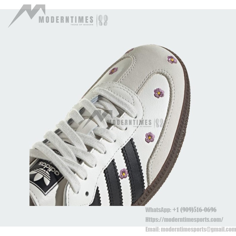Adidas Samba OG Shoes IF4398 - Black Stripes and Floral Embroidery on White Leather Adidas Samba OG Shoes IF4398 - White Leather Sneakers with Black Stripes and Floral Embroidery