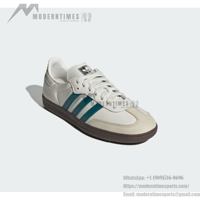 アディダス サンバ OG IG1963 - ホワイト&ティールグリーンスニーカー アディダス サンバ OG IG1963 ホワイトレザースニーカー、ティールグリーンのストライプとガムソール付き