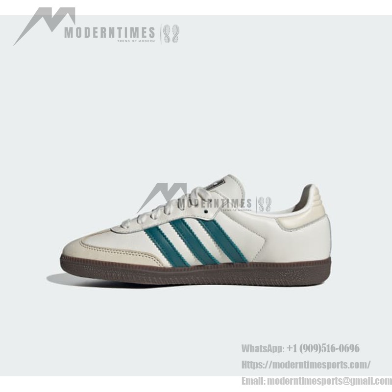 アディダス サンバ OG IG1963 - ホワイト&ティールグリーンスニーカー アディダス サンバ OG IG1963 ホワイトレザースニーカー、ティールグリーンのストライプとガムソール付き