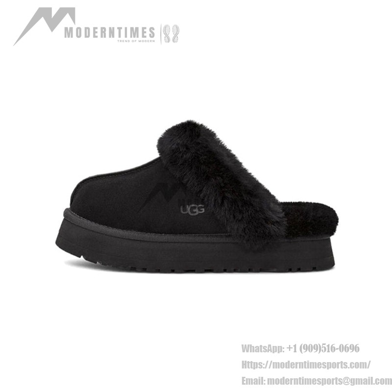 UGG レディース ディスケット ブラック:快適なシープスキン裏地付きプラットフォームスリッパ UGG レディース ディスケット ブラック、シープスキン裏地とEVAプラットフォームソール付き