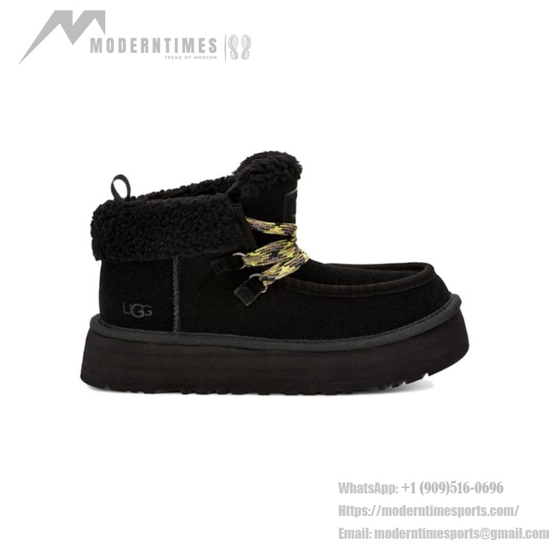 UGG レディース ファンカラ キャビン カフ ブーツ ブラック 1143954:快適なシープスキン裏地付きレースアップブーツ UGG レディース ファンカラ キャビン カフ ブーツ ブラック 1143954、シープスキン裏地とレースアップデザイン付き