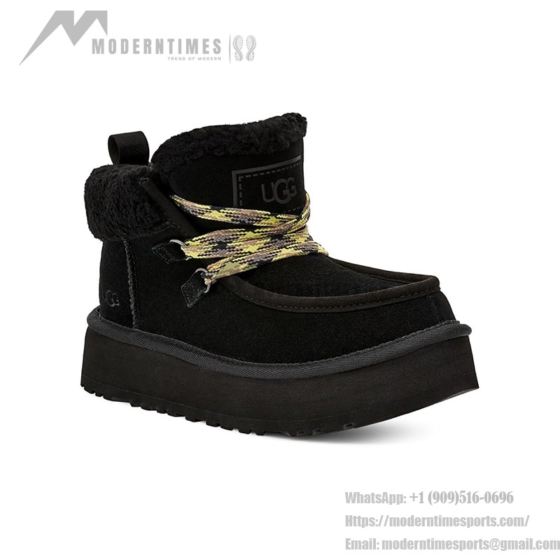 UGG レディース ファンカラ キャビン カフ ブーツ ブラック 1143954:快適なシープスキン裏地付きレースアップブーツ UGG レディース ファンカラ キャビン カフ ブーツ ブラック 1143954、シープスキン裏地とレースアップデザイン付き