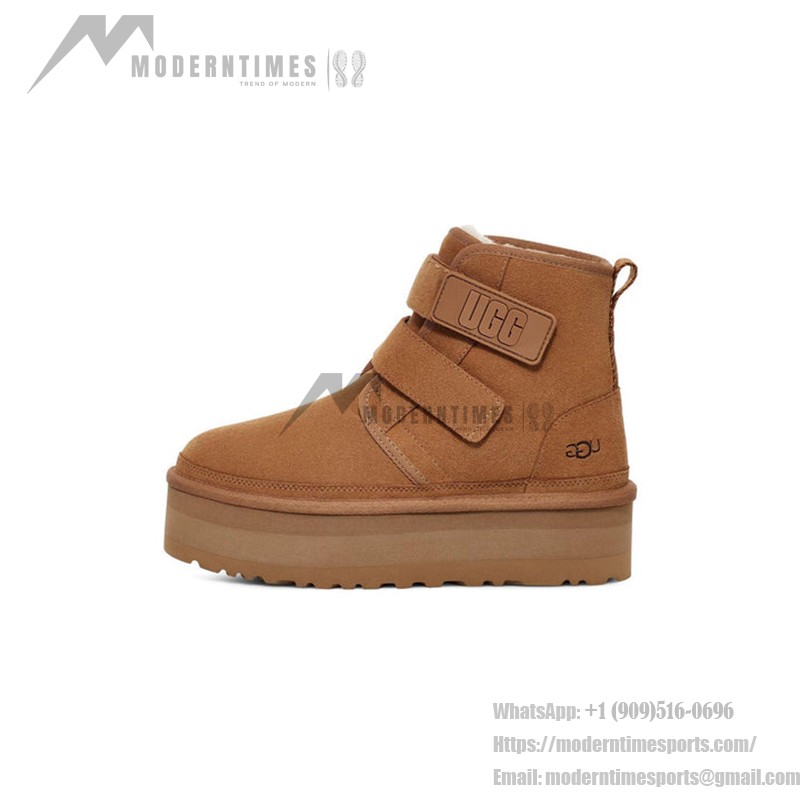 UGG ニューメル プラットフォーム チャッカ チェスナット 1130554 - ベルクロストラップ付きスタイリッシュシープスキンブーツ UGG ニューメル プラットフォーム チャッカ チェスナット 1130554 ブーツ - シープスキン裏地のスエードとプラットフォームソール