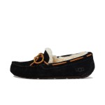 UGG レディース ダコタ スリッパ ブラック 5612:スエードとレザーリボン付きのシープスキンライニングスリッパ UGG レディース ダコタ スリッパ ブラック 5612、シープスキンの裏地とレザーリボン付き