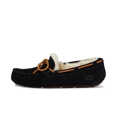 UGG レディース ダコタ スリッパ ブラック 5612：スエードとレザーリボン付きの快適なシープスキンライニングスリッパ