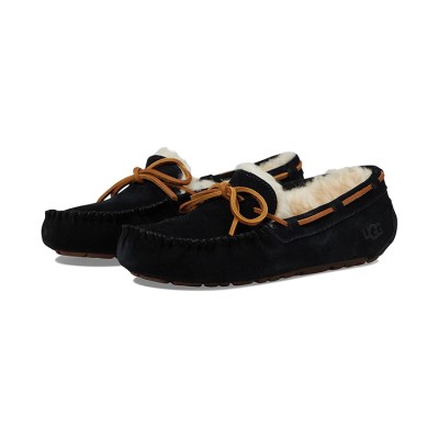 UGG レディース ダコタ スリッパ ブラック 5612：スエードとレザーリボン付きの快適なシープスキンライニングスリッパ