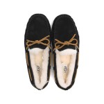UGG レディース ダコタ スリッパ ブラック 5612:スエードとレザーリボン付きのシープスキンライニングスリッパ UGG レディース ダコタ スリッパ ブラック 5612、シープスキンの裏地とレザーリボン付き