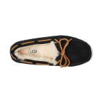 UGG レディース ダコタ スリッパ ブラック 5612:スエードとレザーリボン付きのシープスキンライニングスリッパ UGG レディース ダコタ スリッパ ブラック 5612、シープスキンの裏地とレザーリボン付き