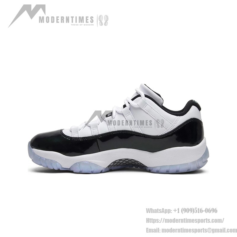 Air Jordan 11 Low ‘Concord’ 528895-145 - ホワイトとブラックのパテントレザーとアイスブルーアウトソール