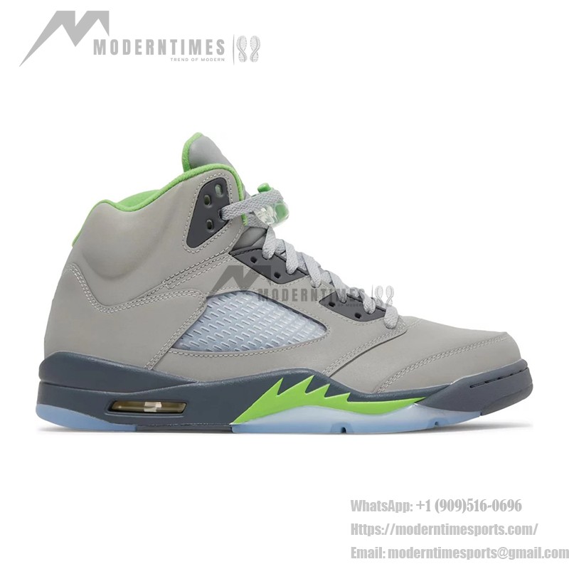Air Jordan 5 Retro DM9014-003 グレーレザーとグリーンアクセント、反射シュータン付き