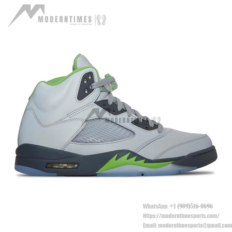 Air Jordan 5 Retro DM9014-003 グレーレザーとグリーンアクセント、反射シュータン付き