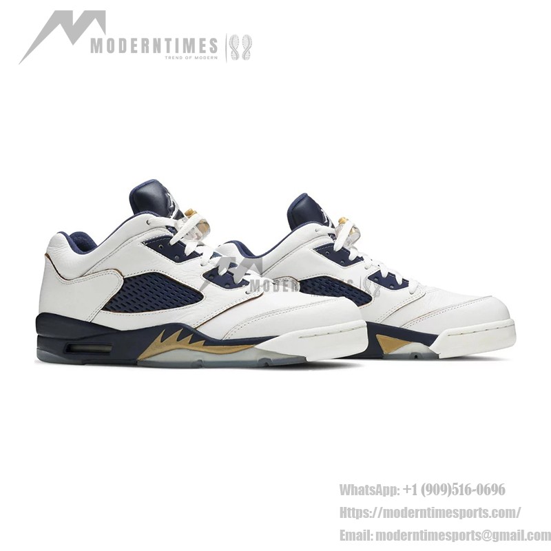 Air Jordan 5 Low 819171-135 White Leather Sneakers with Navy Mesh and Gold Accents