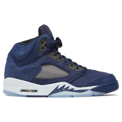 Air Jordan 5 レトロ FD6812-400 - ネイビーブルー スエードスニーカー、反射タンとクリアソール付き