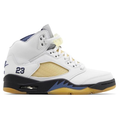 Air Jordan 5 Retro FZ5758-004 - ホワイトレザーとベージュメッシュ、青のアクセント付きのスニーカー & 透明ソール