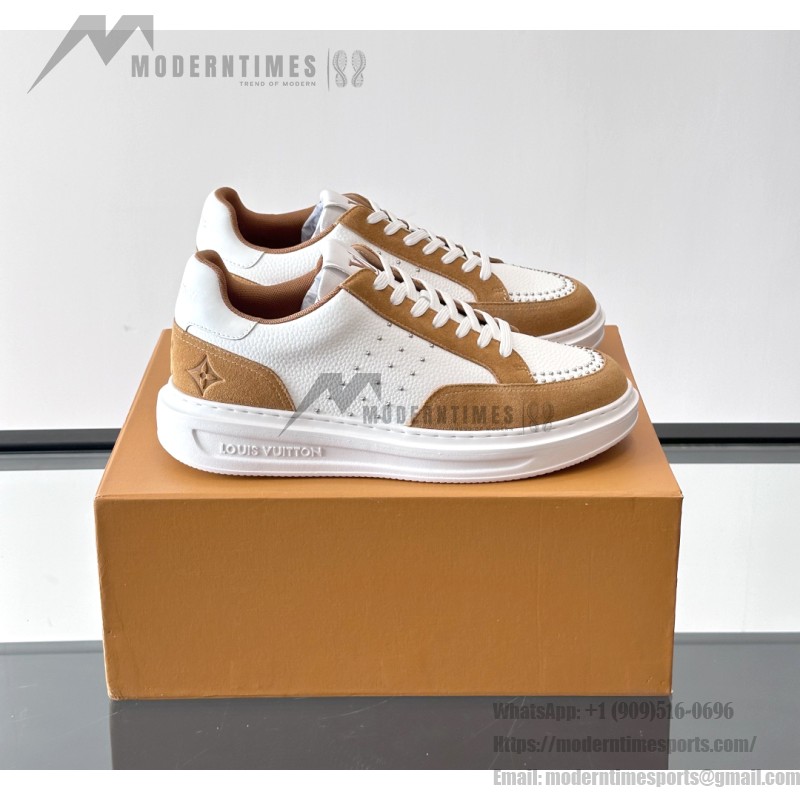 Men’s Louis Vuitton Inspired Low-Top Sneakers 2025 Louis Vuitton Style White Leather Sneakers with Suede for Men