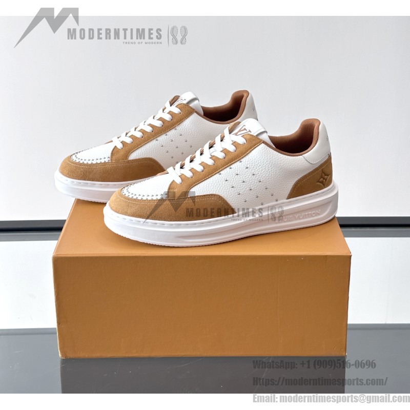 Men’s Louis Vuitton Inspired Low-Top Sneakers 2025 Louis Vuitton Style White Leather Sneakers with Suede for Men