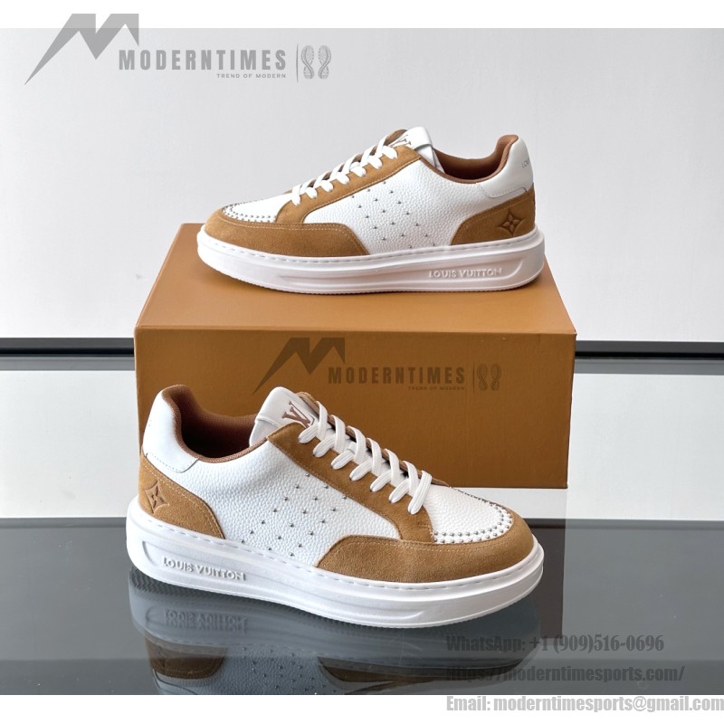 Men’s Louis Vuitton Inspired Low-Top Sneakers 2025 Louis Vuitton Style White Leather Sneakers with Suede for Men