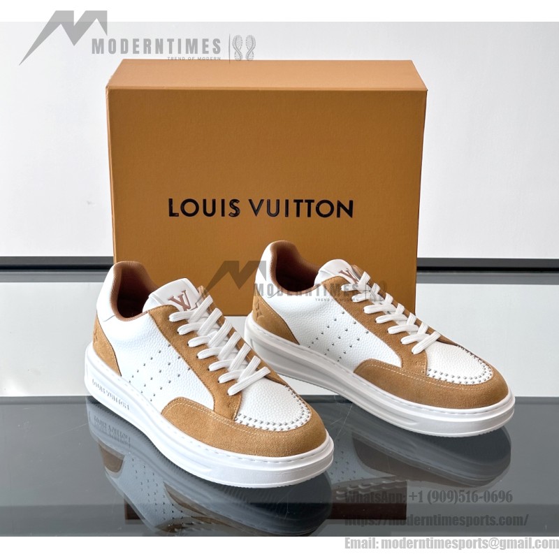 Men’s Louis Vuitton Inspired Low-Top Sneakers 2025 Louis Vuitton Style White Leather Sneakers with Suede for Men