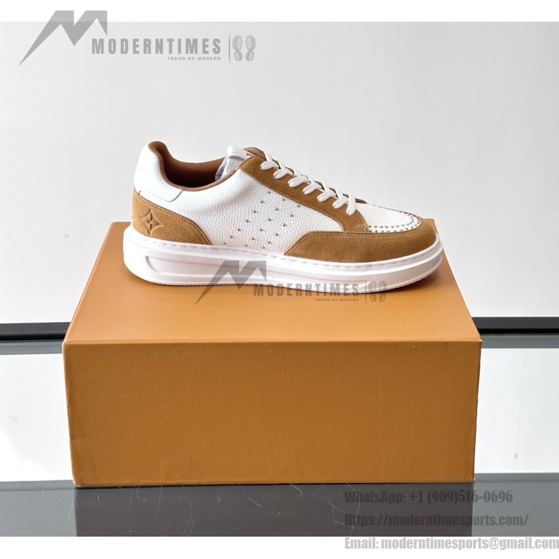 Men’s Louis Vuitton Inspired Low-Top Sneakers 2025 Louis Vuitton Style White Leather Sneakers with Suede for Men