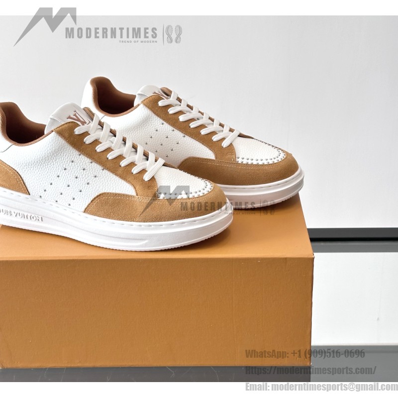 Men’s Louis Vuitton Inspired Low-Top Sneakers 2025 Louis Vuitton Style White Leather Sneakers with Suede for Men