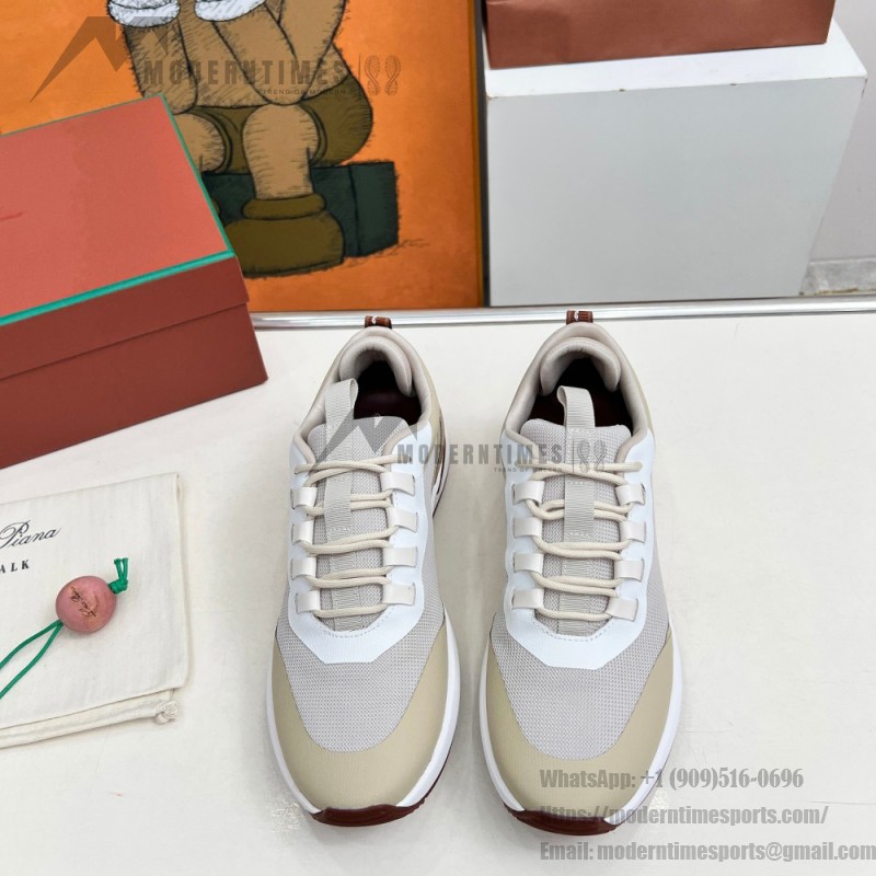 Loro Piana FAM1718-F6II Beige Leather Sneakers Loro Piana FAM1718-F6II Beige Sneakers Front View with Brown Detailing