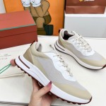 Loro Piana FAM1718-F6II Beige Leather Sneakers Loro Piana FAM1718-F6II Beige Sneakers Front View with Brown Detailing