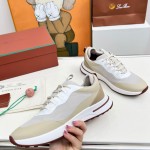 Loro Piana FAM1718-F6II Beige Leather Sneakers Loro Piana FAM1718-F6II Beige Sneakers Front View with Brown Detailing