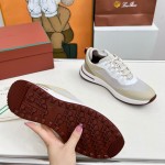 Loro Piana FAM1718-F6II Beige Leather Sneakers Loro Piana FAM1718-F6II Beige Sneakers Front View with Brown Detailing