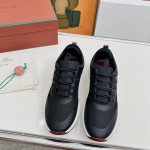 Loro Piana FAM1718-8000 Black Leather Sneakers Loro Piana FAM1718-8000 Black Sneakers Front View with White and Brown Detailing