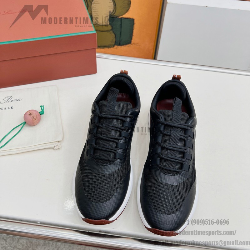 Loro Piana FAM1718-8000 Black Leather Sneakers Loro Piana FAM1718-8000 Black Sneakers Front View with White and Brown Detailing