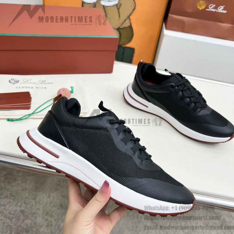 Loro Piana FAM1718-8000 Black Leather Sneakers Loro Piana FAM1718-8000 Black Sneakers Front View with White and Brown Detailing