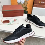 Loro Piana FAM1718-8000 Black Leather Sneakers Loro Piana FAM1718-8000 Black Sneakers Front View with White and Brown Detailing