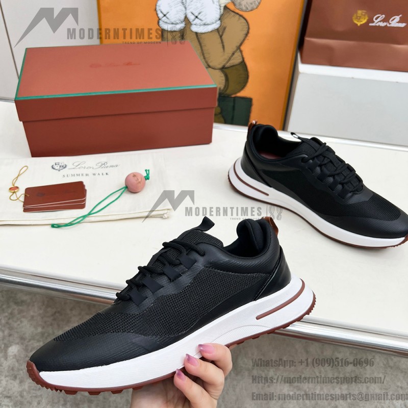 Loro Piana FAM1718-8000 Black Leather Sneakers Loro Piana FAM1718-8000 Black Sneakers Front View with White and Brown Detailing