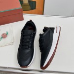 Loro Piana FAM1718-8000 Black Leather Sneakers Loro Piana FAM1718-8000 Black Sneakers Front View with White and Brown Detailing