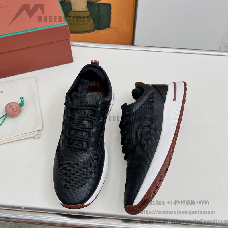 Loro Piana FAM1718-8000 Black Leather Sneakers Loro Piana FAM1718-8000 Black Sneakers Front View with White and Brown Detailing