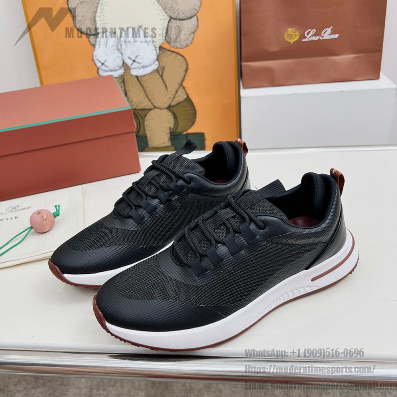 Loro Piana FAM1718-8000 Black Leather Sneakers Loro Piana FAM1718-8000 Black Sneakers Front View with White and Brown Detailing