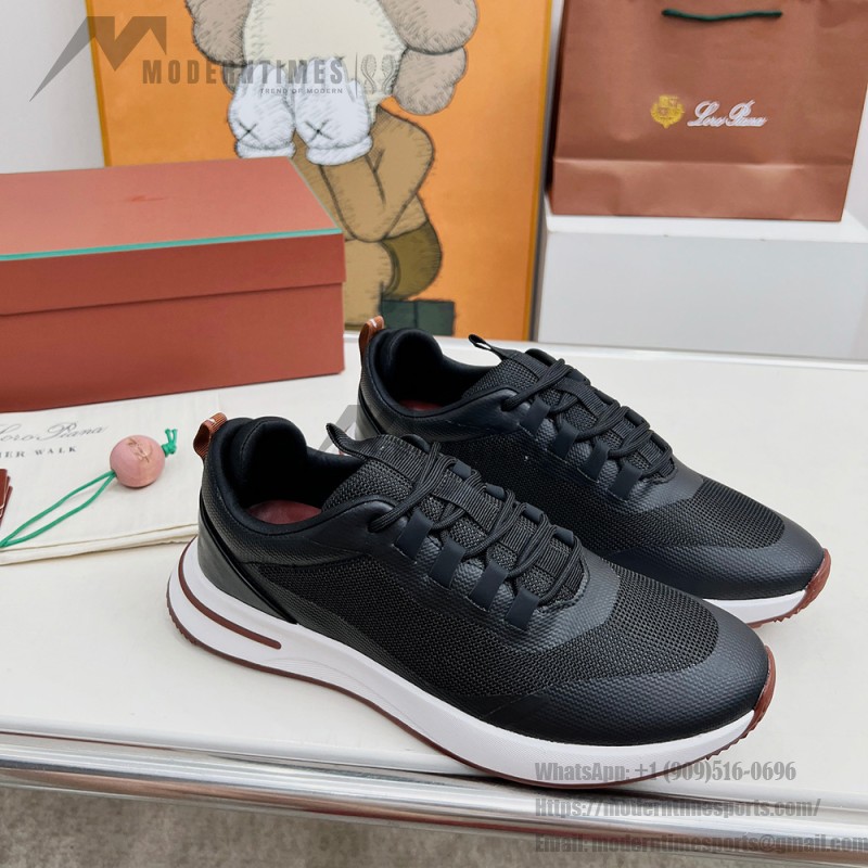Loro Piana FAM1718-8000 Black Leather Sneakers Loro Piana FAM1718-8000 Black Sneakers Front View with White and Brown Detailing