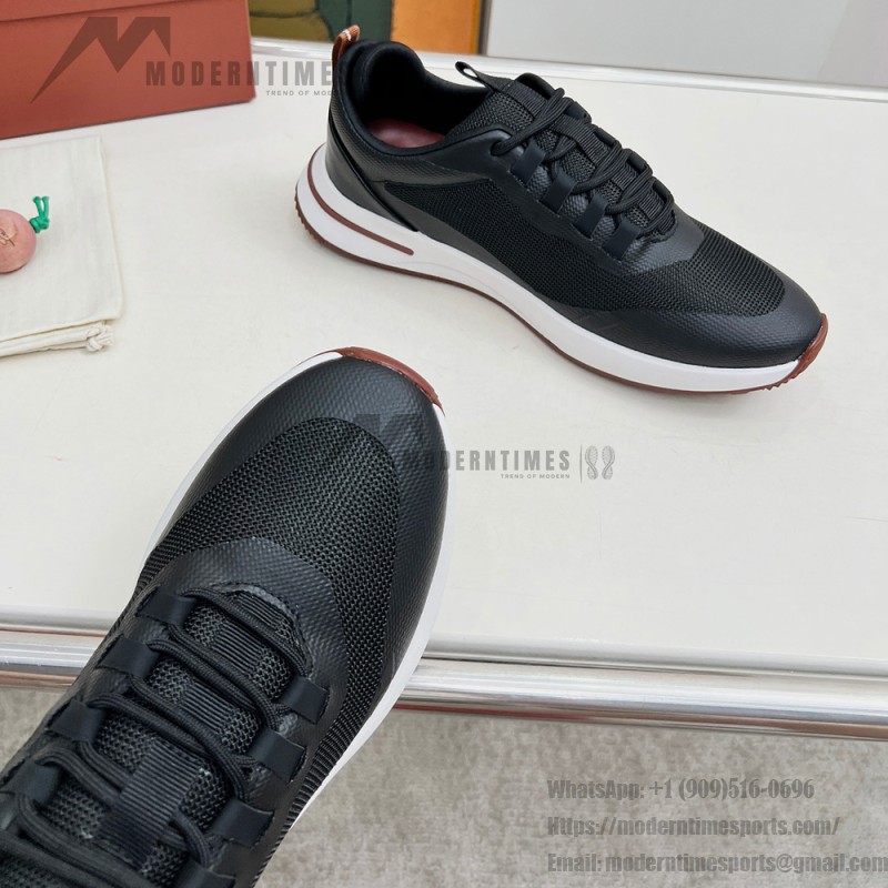Loro Piana FAM1718-8000 Black Leather Sneakers Loro Piana FAM1718-8000 Black Sneakers Front View with White and Brown Detailing