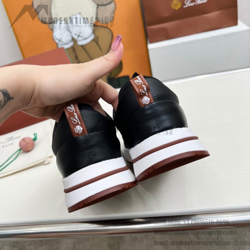 Loro Piana FAM1718-8000 Black Leather Sneakers Loro Piana FAM1718-8000 Black Sneakers Front View with White and Brown Detailing