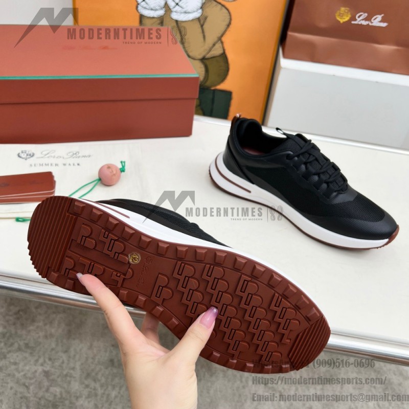 Loro Piana FAM1718-8000 Black Leather Sneakers Loro Piana FAM1718-8000 Black Sneakers Front View with White and Brown Detailing
