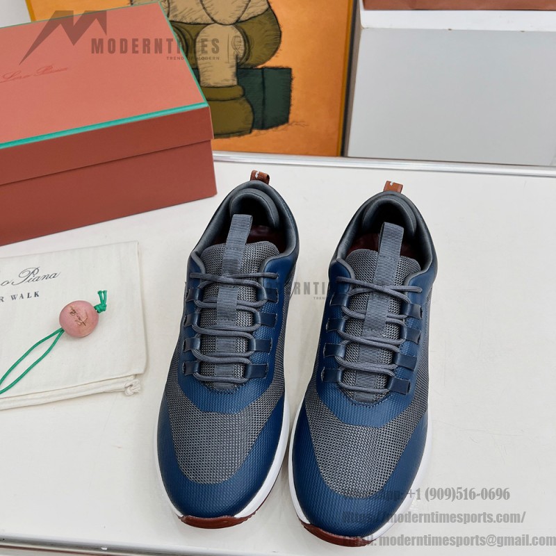 Loro Piana FAM1718-F3DW marineblaue Ledersneaker Loro Piana FAM1718-F3DW marineblaue Sneaker Vorderansicht mit grauen und braunen Details